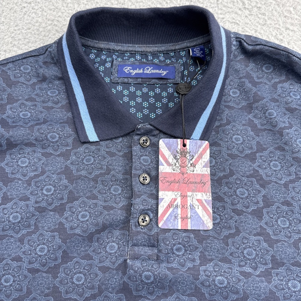 English Laundry Polo Shirt Mens XXL Blue Paisley Geometric Short Sleeve Cotton